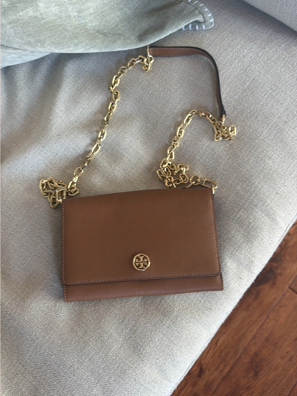 Tory Burch Tan Leather Crossbody with Gold Chain Strap